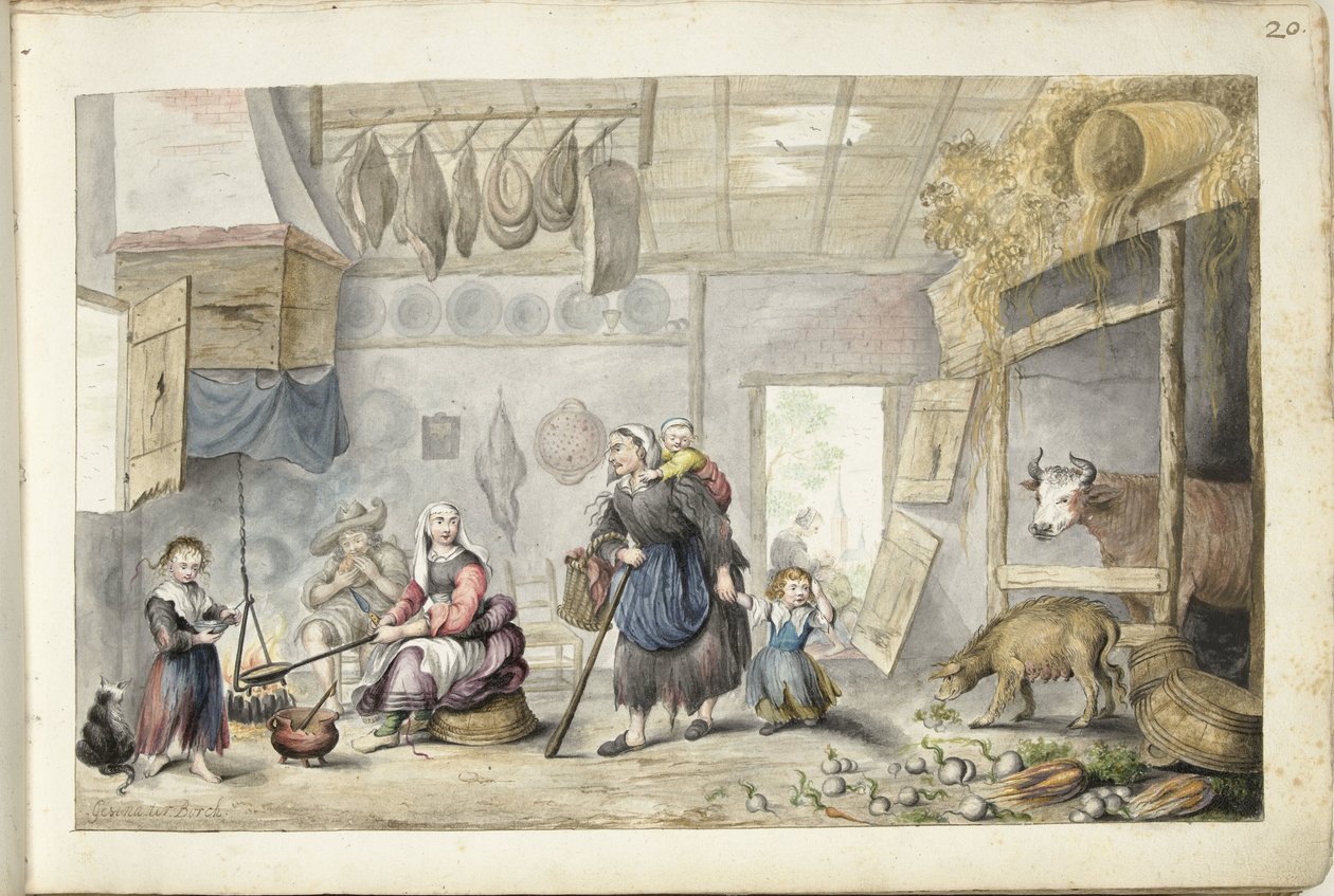 Landhusinteriør (velgørenhed eller fattigdom) af Gesina ter Borch (signed by artist)