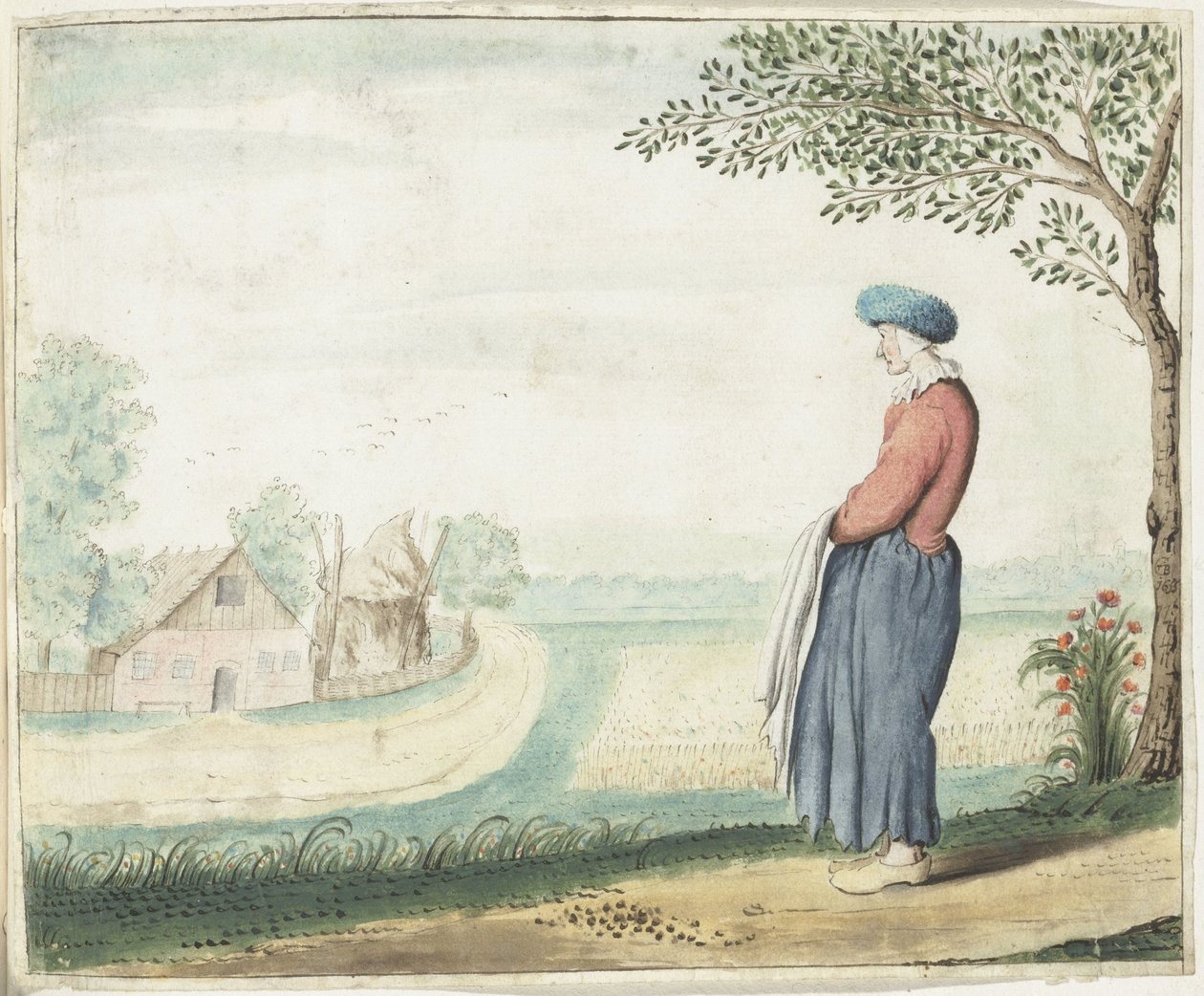 Bondekvinde i et landskab af Gesina ter Borch (signed by artist)