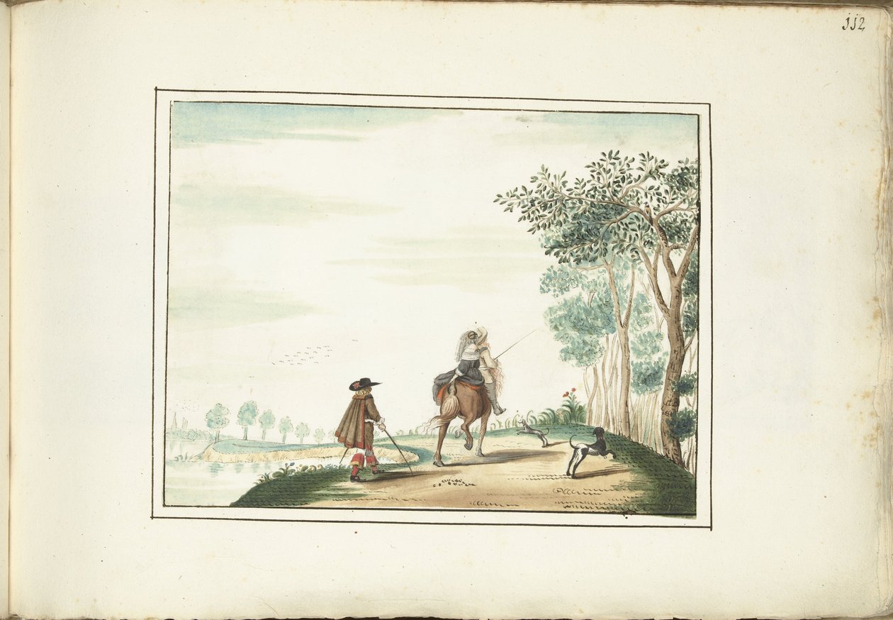 Herre og dame til hest og en fodgænger i et landskab af Gesina ter Borch (signed by artist)