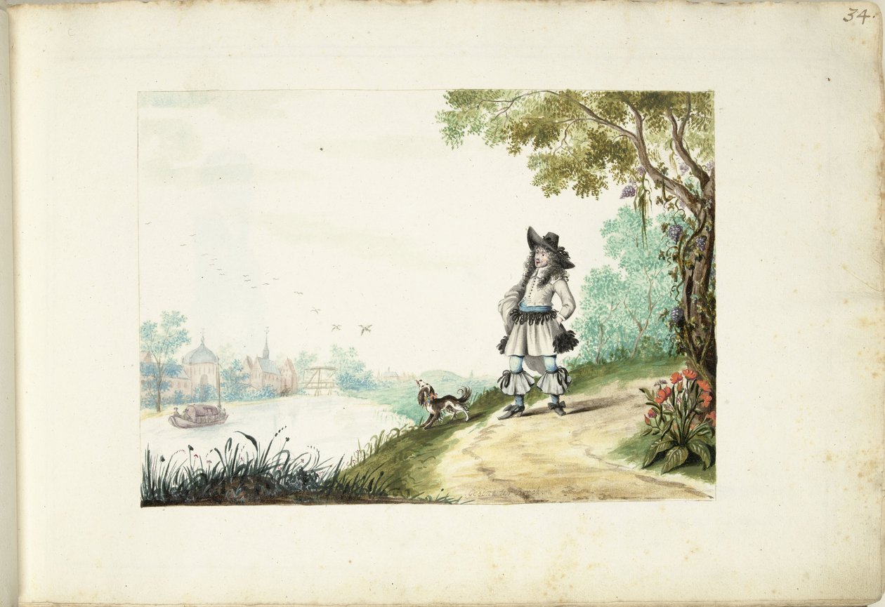 Herren går langs en flod af Gesina ter Borch (signed by artist)