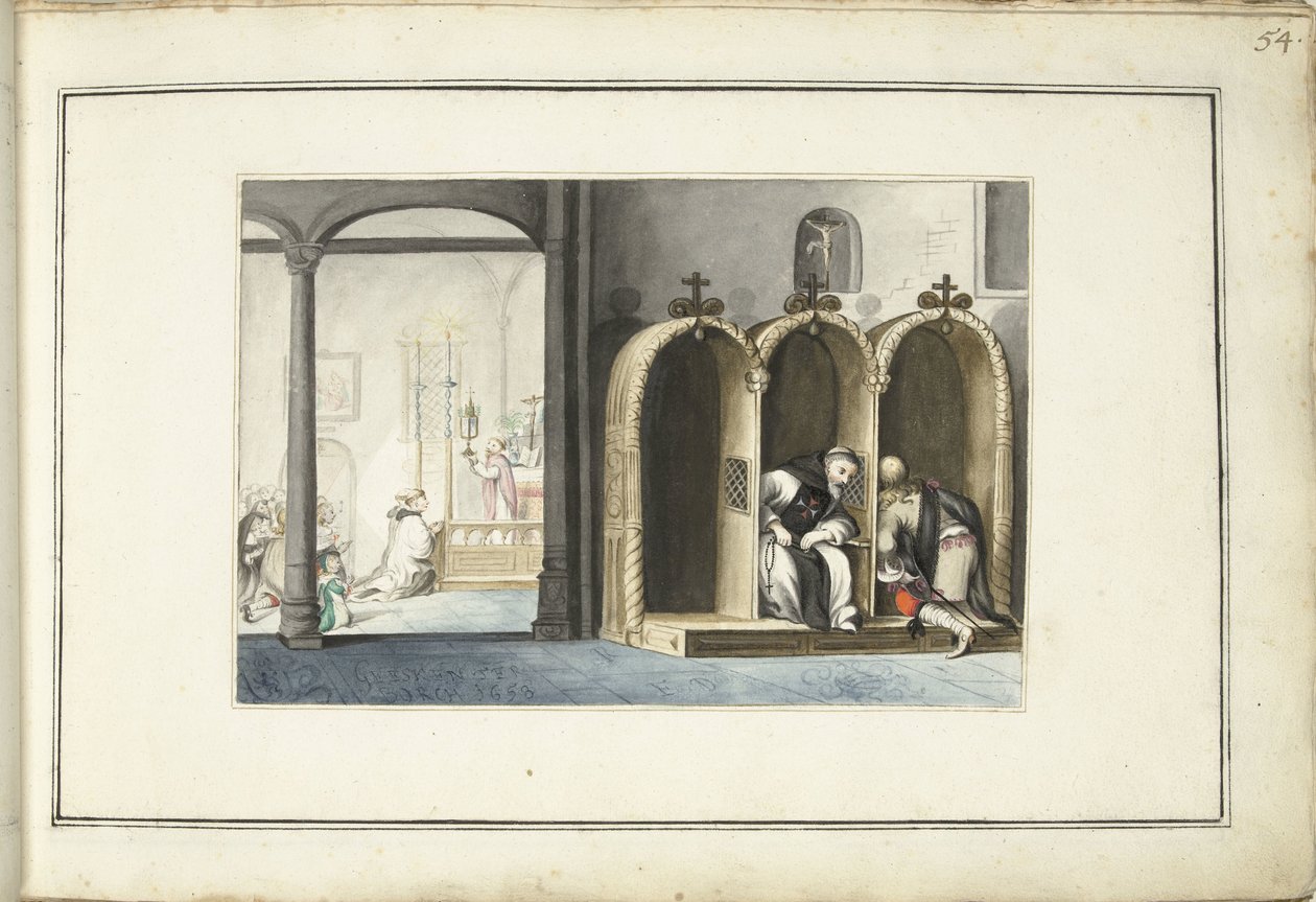 Kirkeinteriør med skriftestol af Gesina ter Borch (signed by artist)