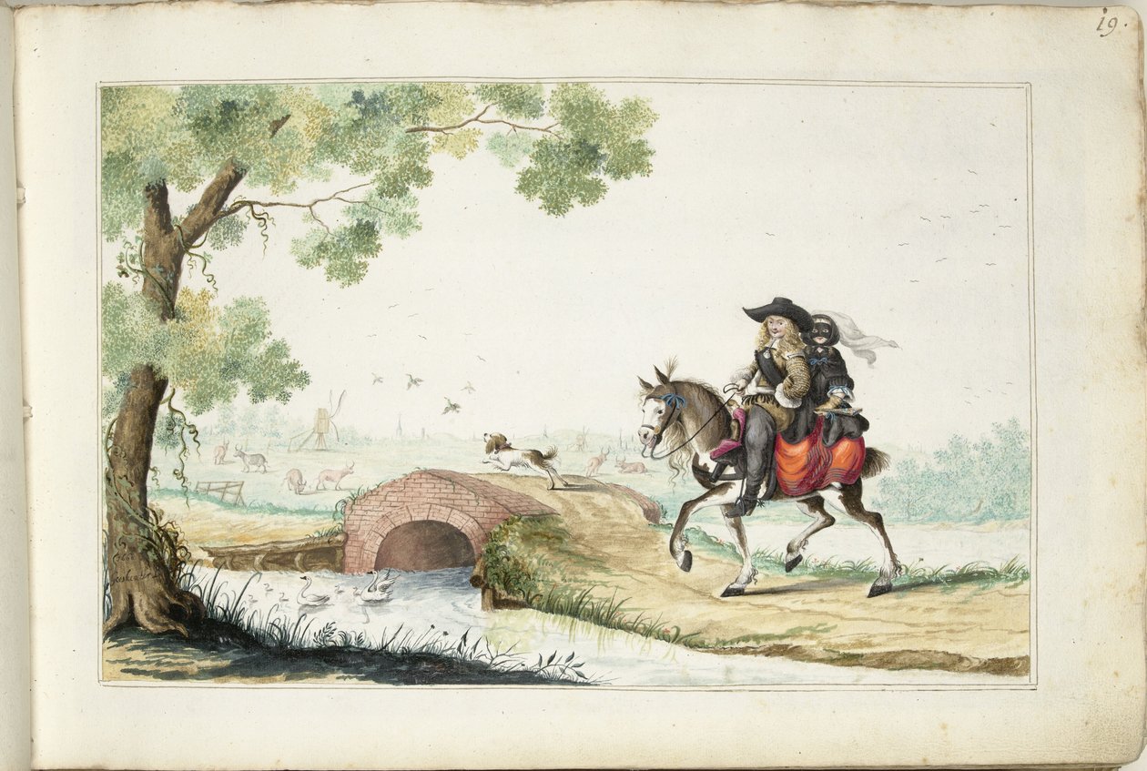 Mand og maskeret kvinde til hest af Gesina ter Borch (signed by artist)
