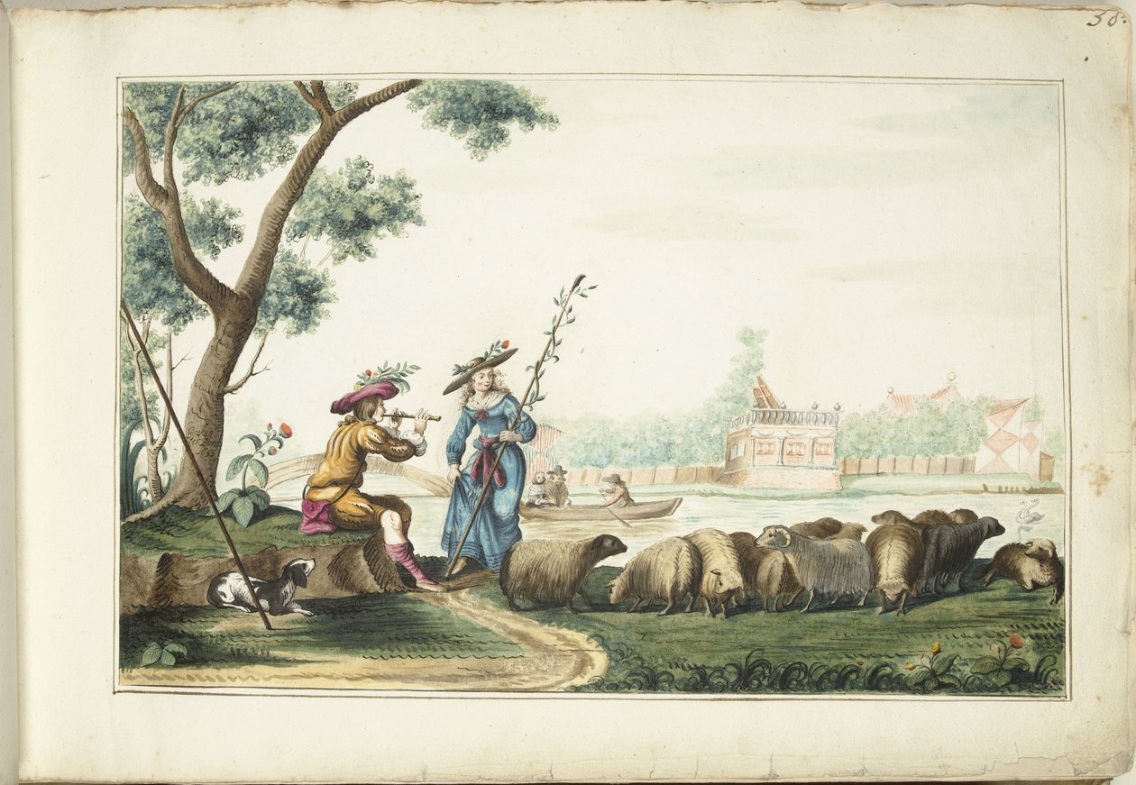 Pastoral forestilling ved en flod af Gesina ter Borch (signed by artist)