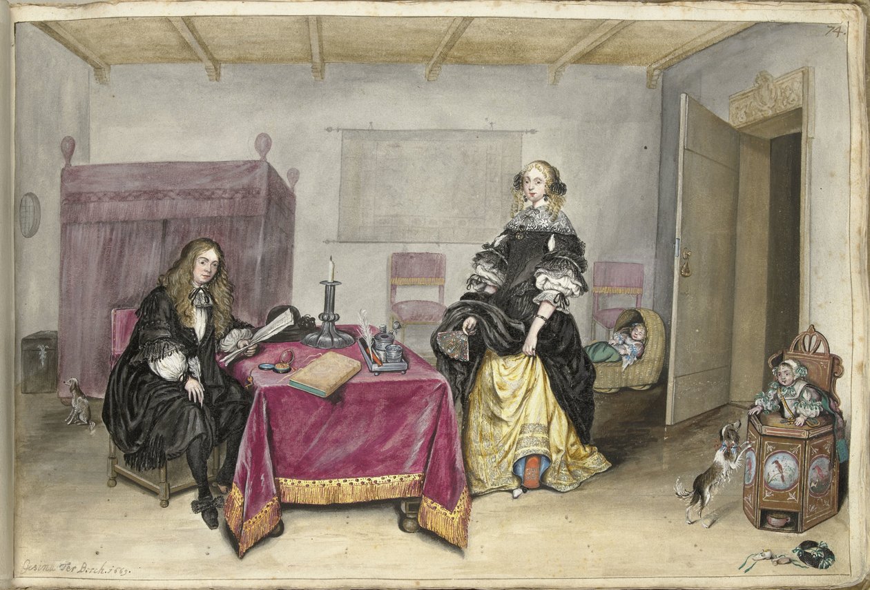 Sijbrant Schellinger og Jenneken ter Borch med to børn i et interiør af Gesina ter Borch (signed by artist)