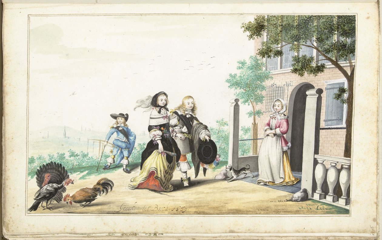 Par hilser på en dame ved døren til et landsted af Gesina ter Borch (signed by artist)