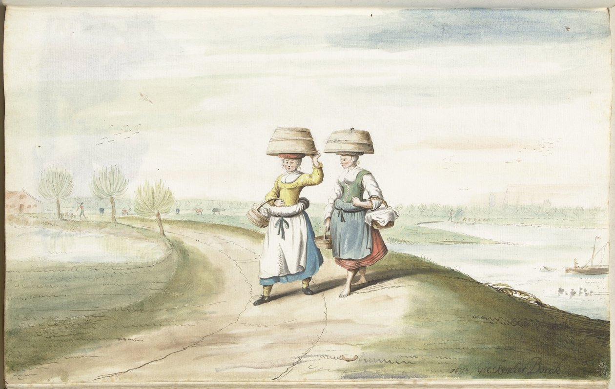 To bondekvinder går i et landskab af Gesina ter Borch (signed by artist)