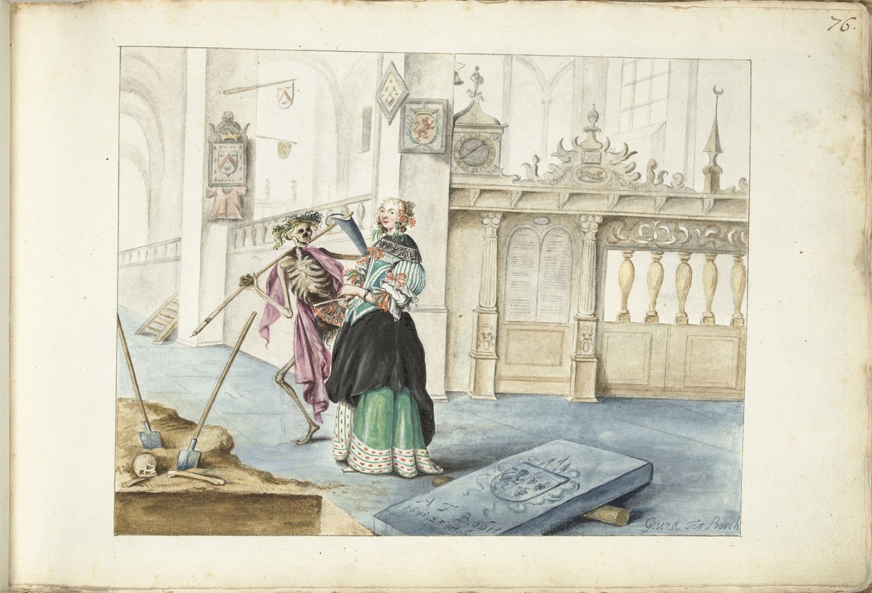 Kvinde (Aeltien?) stående ved siden af ​​Døden i St. Michaels Kirke, Zwolle af Gesina ter Borch (signed by artist)