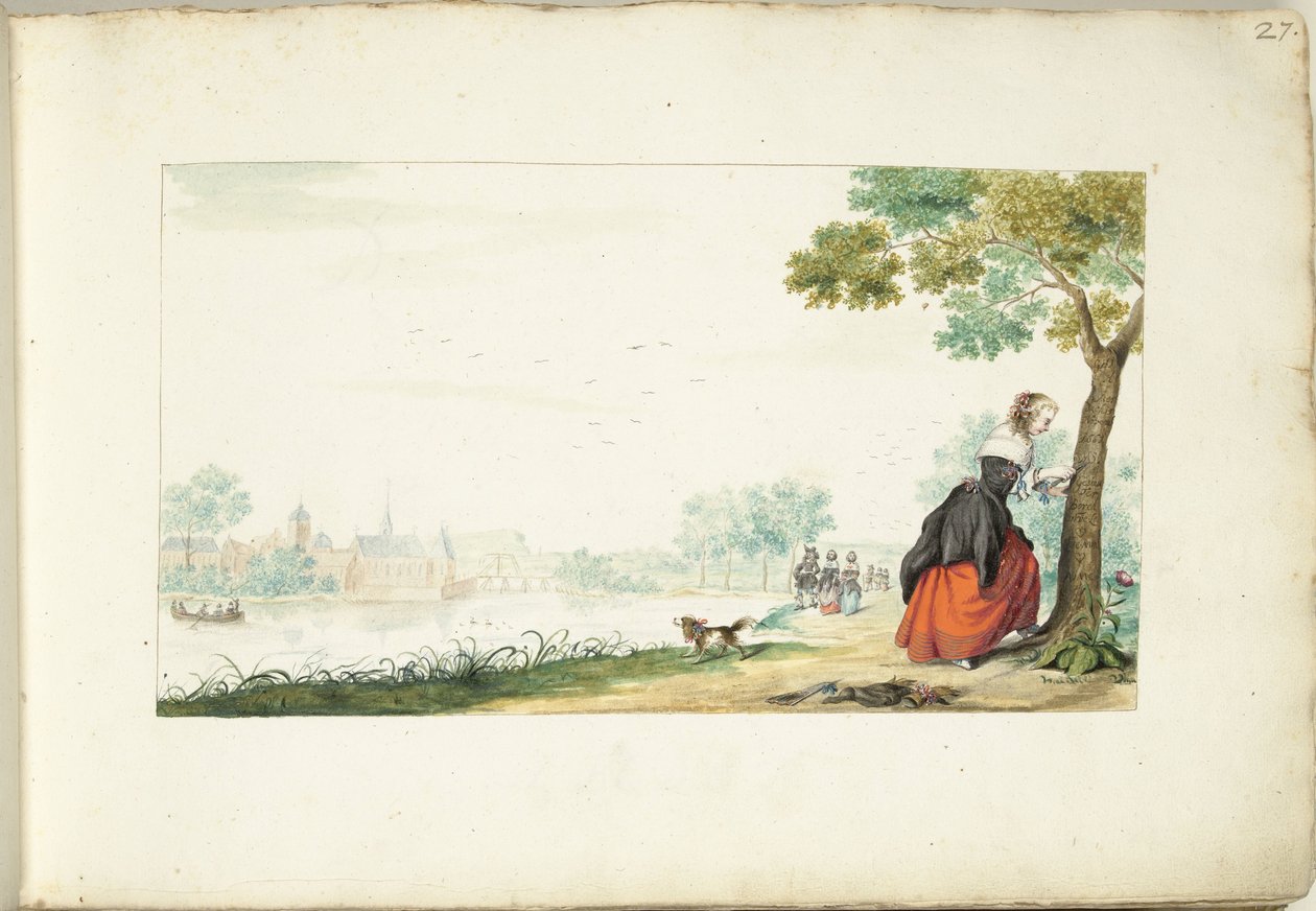 Kvinde ætser navne på et træ af Gesina ter Borch (signed by artist)