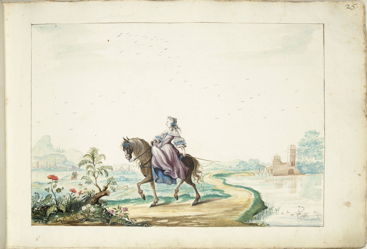 Kvinde til hest i et landskab af Gesina ter Borch (signed by artist)