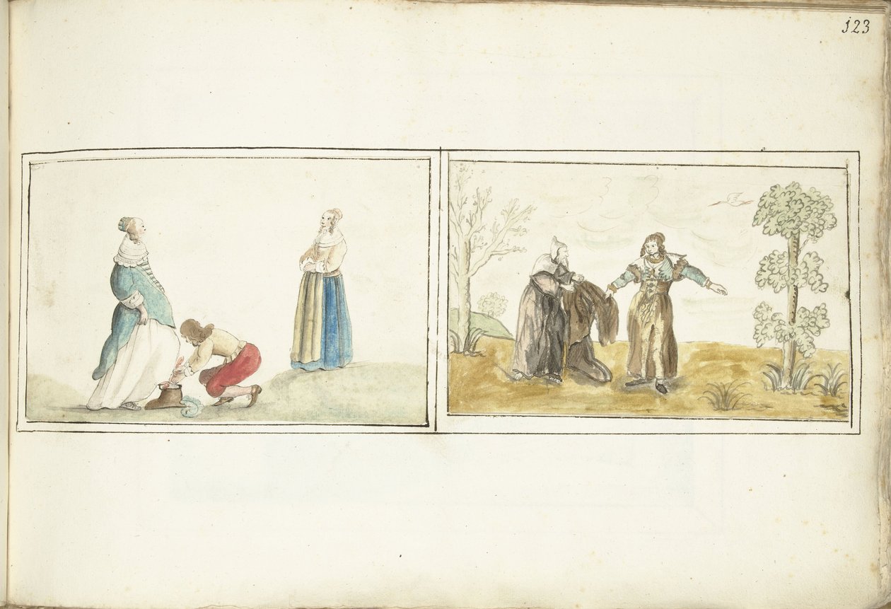 Herren binder en sko og eneboer, hvilket indikerer en kappe af Gesina ter Borch