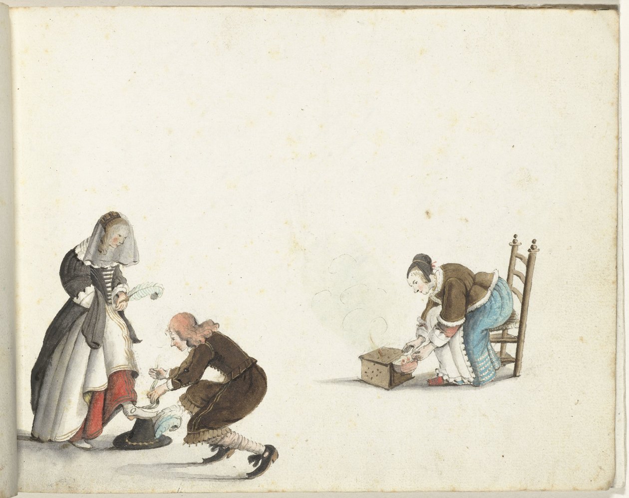 Lord strammer en dames sko og en kvinde sætter ild i et komfur af Gesina ter Borch