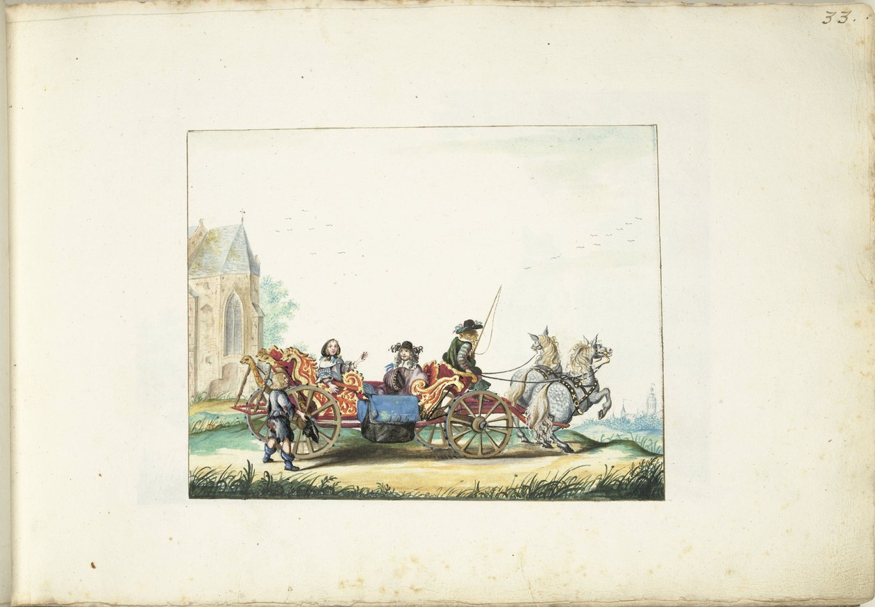 Lille dreng tigger ved vognen af ​​et elegant par af Gesina ter Borch