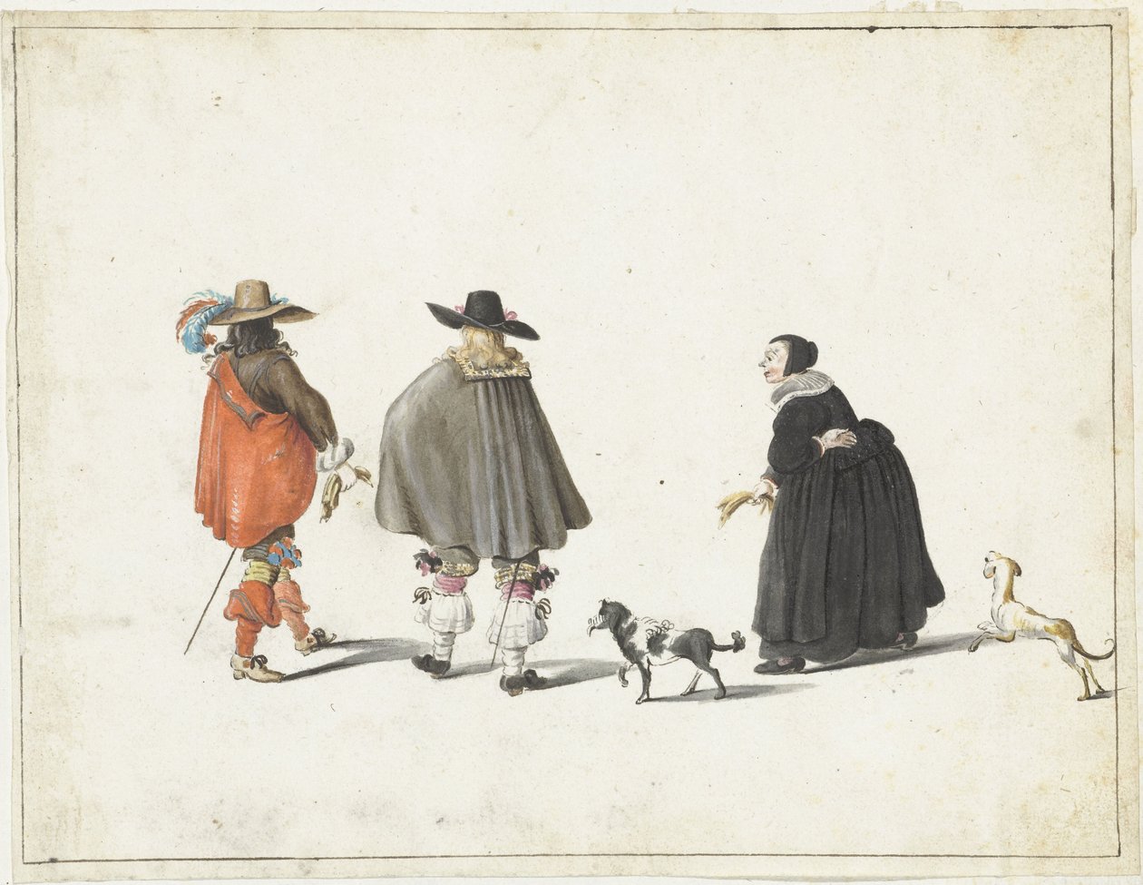 Kvinde i sort, ledsaget af to hunde, taler med to herrer af Gesina ter Borch