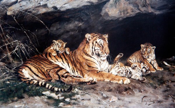 En tiger og hendes unge af Geza Vastagh