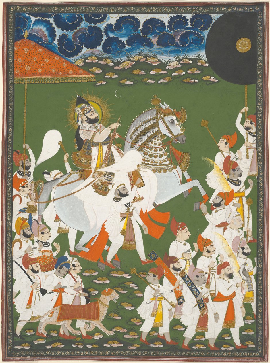 Maharana Bhim Singh i procession, ca. 1820 (uigennemsigtig akvarel og guld på papir) af Ghasi Ghasi