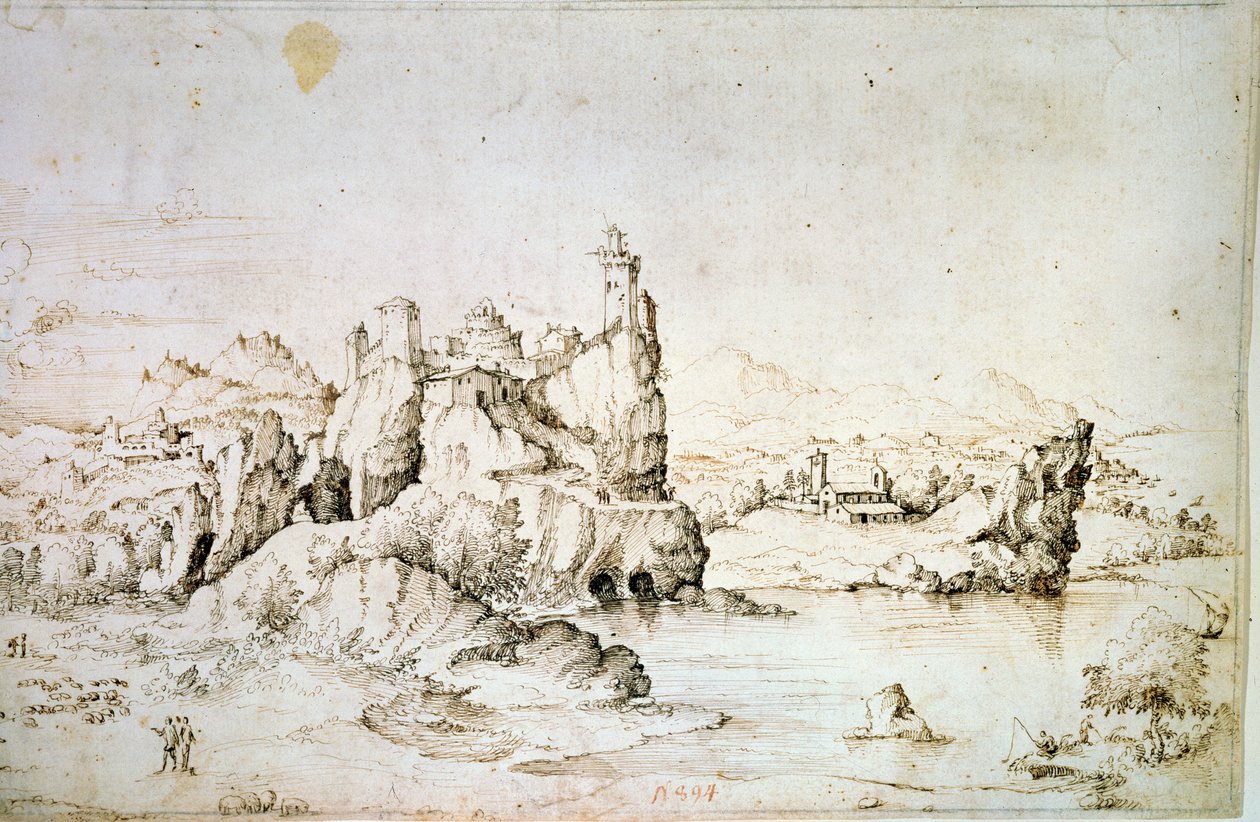 Et slot på en klippe i bjerglandskab, 1540. af Gherado Cibo