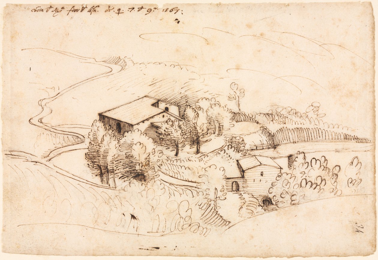Gård med træer i et kuperet landskab recto, 1567. af Gherado Cibo