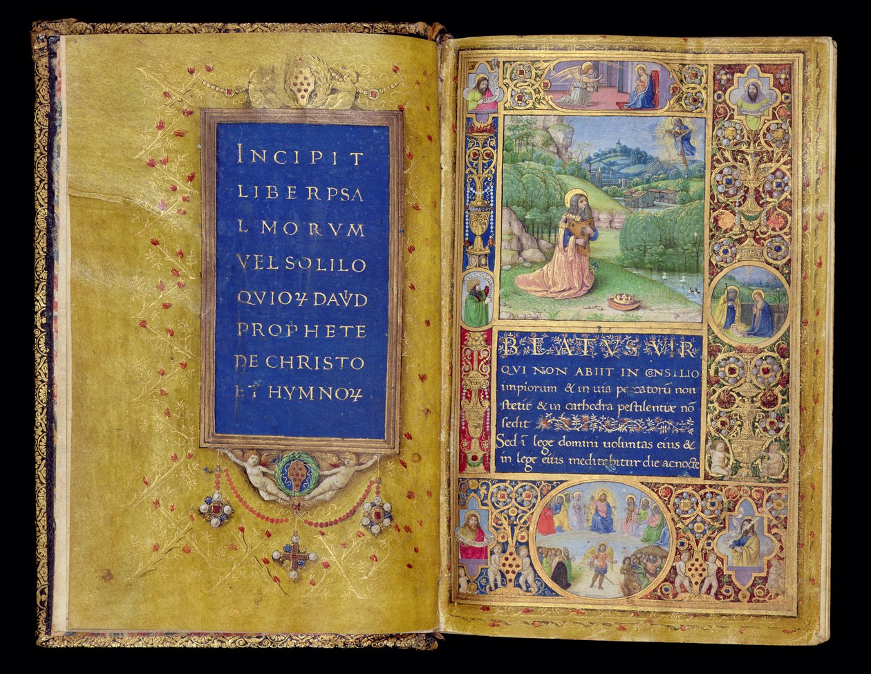 Ms 37-1950, ff.1v-2r: Titelblad og miniature af kong David i bøn, fra Medici-salteret, Firenze, ca. 1480-90 (guldblæk og tempera på pergament) af Gherardo di Giovanni di Miniato