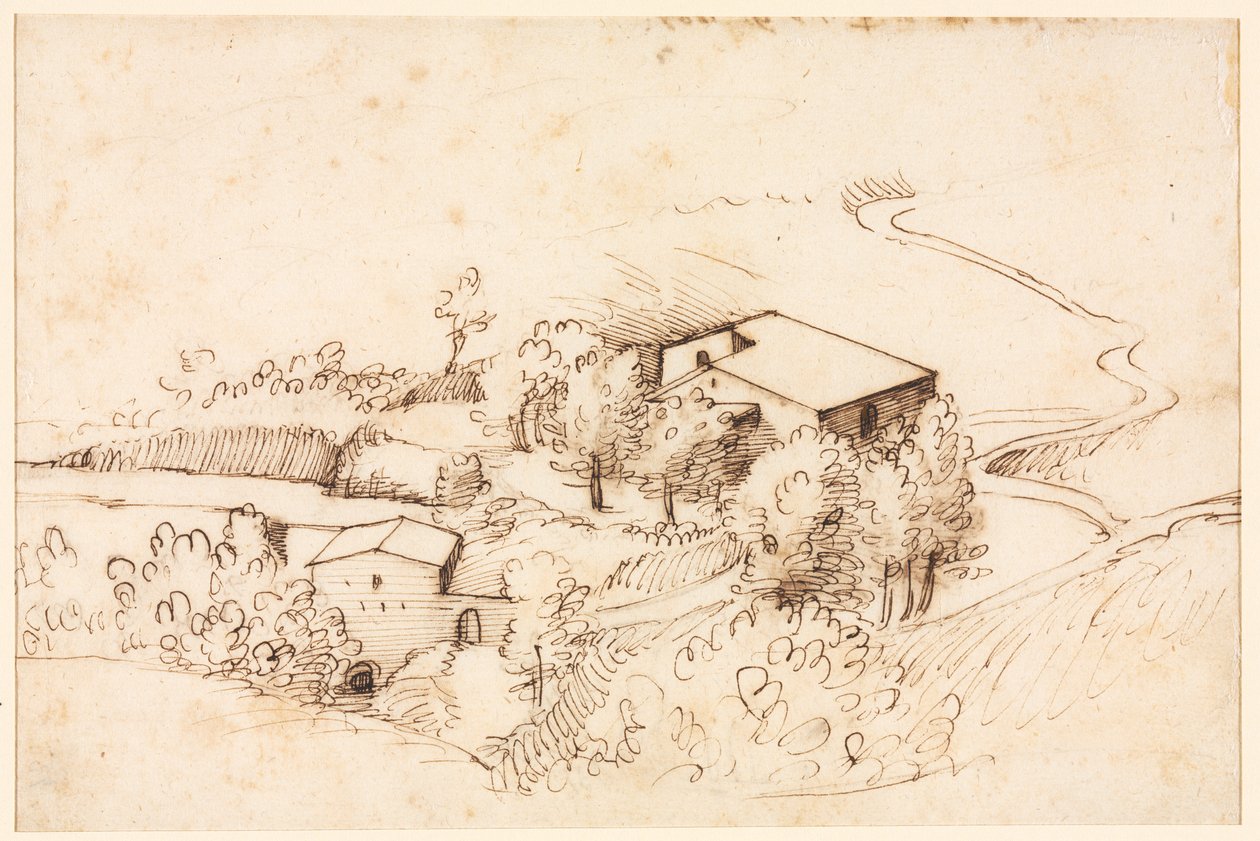 Gård med træer i et kuperet landskab, 1567. af Gherardo Cibo