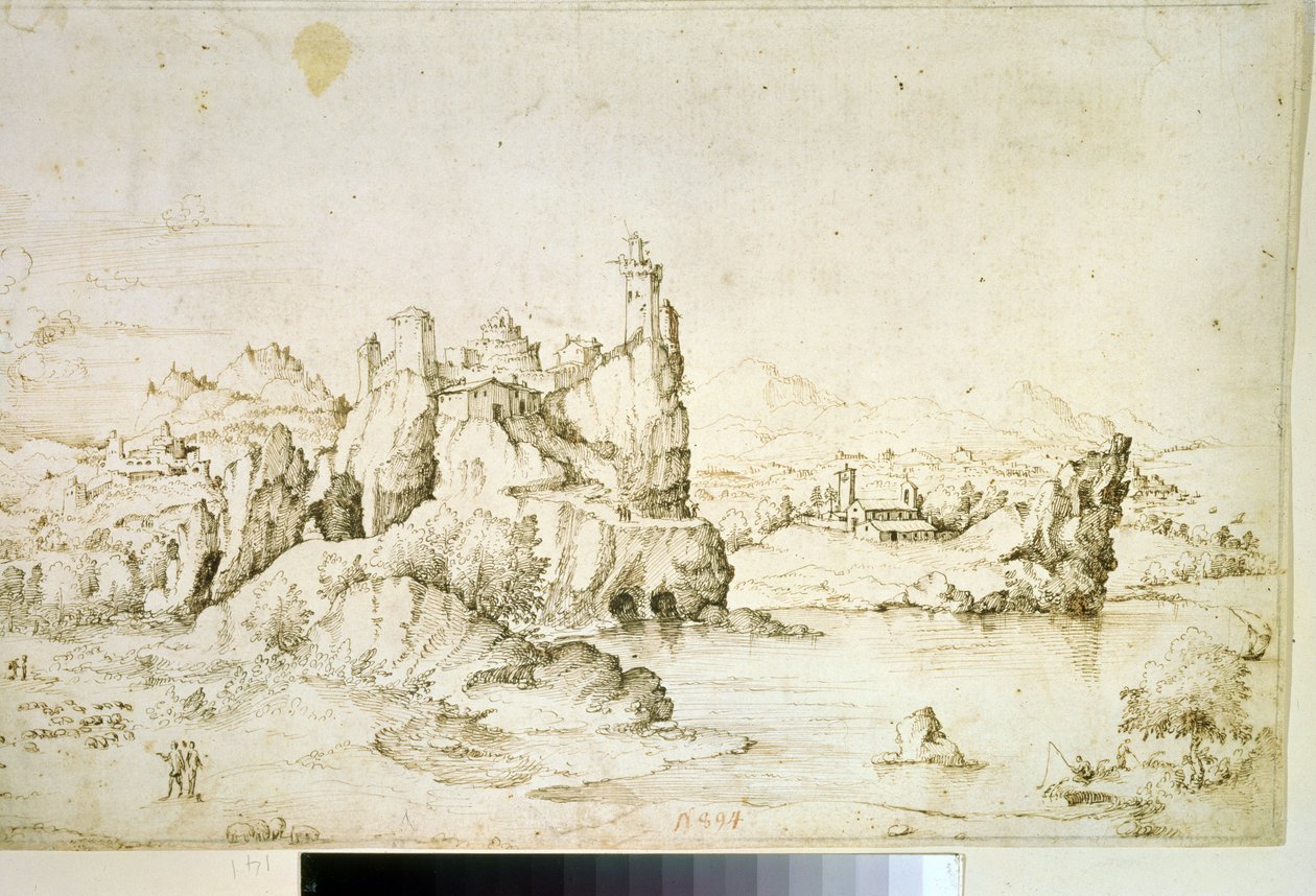 ""Un chateau perche sur une montagne"" (Et slot på en klippe i bjerglandskab) Tegning med brunt blæk af Gherardo Cibo (1512-1600) 1540 Pushkin Museum, Moskva af Gherardo Cibo
