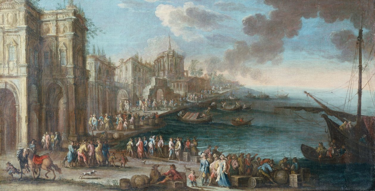Capriccio eller en Middelhavshavn (olie på lærred) af Gherardo Poli