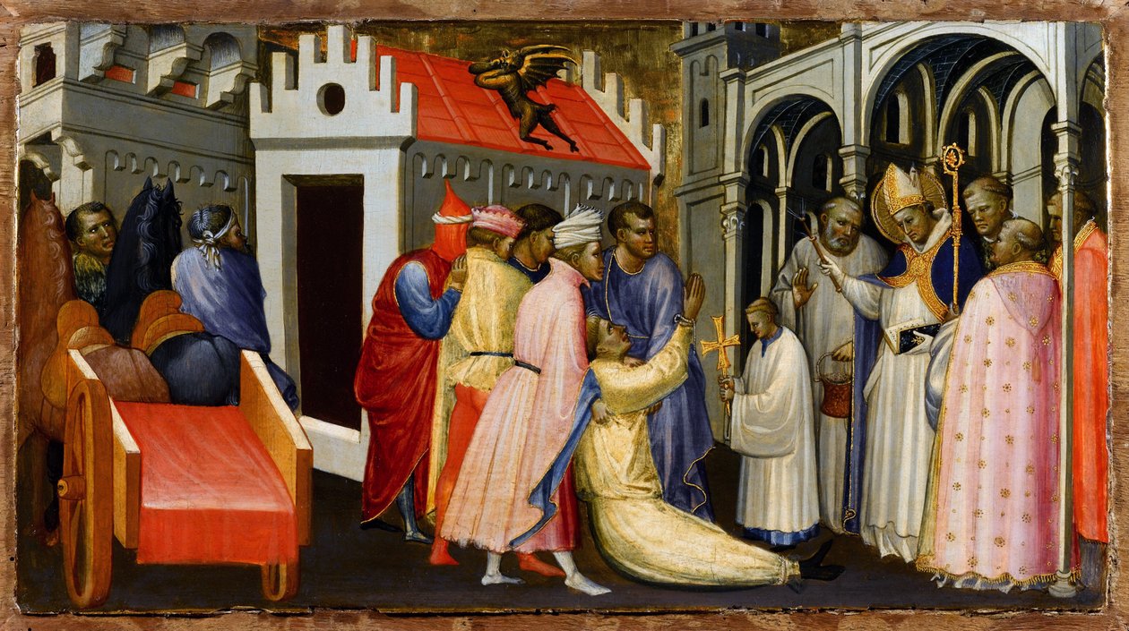 Sankt Hugh af Avalon (1140-1200) eller Sankt Hugh af Lincoln eksorciserer en mand besat af djævelen - Sankt Hugh af Lincoln uddriver en mand besat af djævelen - Maleri af Gherardo Starnina (ca. 1364-1413) - 1404-1407 - Tempera på panel - 28,4x50,4 - af Gherardo Starnina