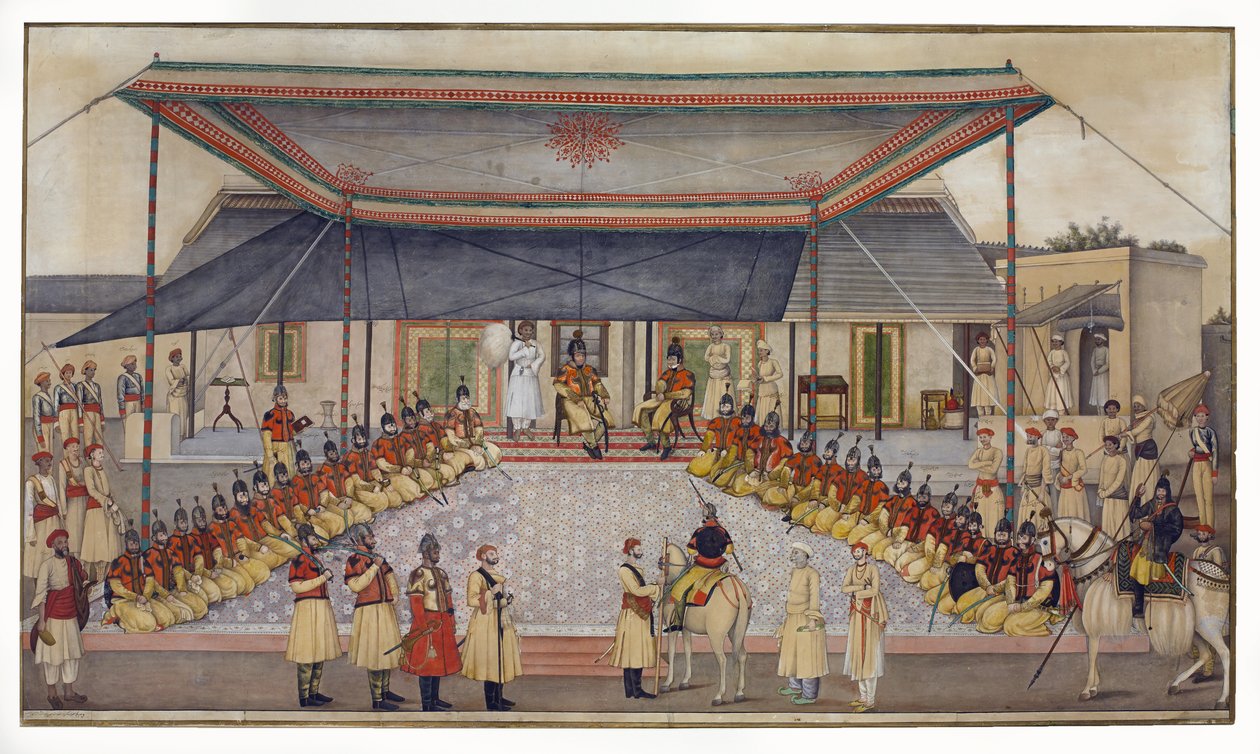 Oberst James Skinner holder en Regimental Durbar, 1827 (wc med gouache på papir) af Ghulam Ali Khan