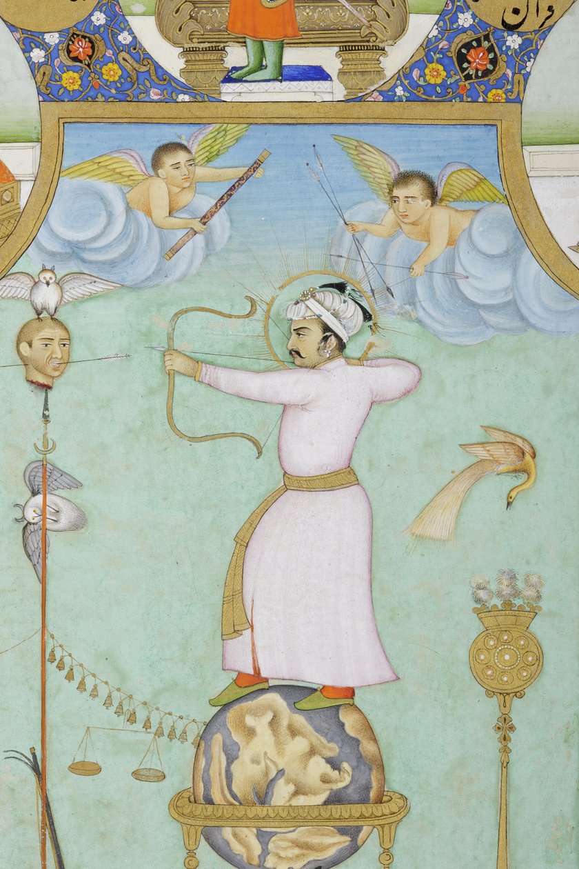 Detalje fra allegorisk portræt af Jahangir (ugennemsigtig akvarel & guld på papir) af Ghulam Ali Khan