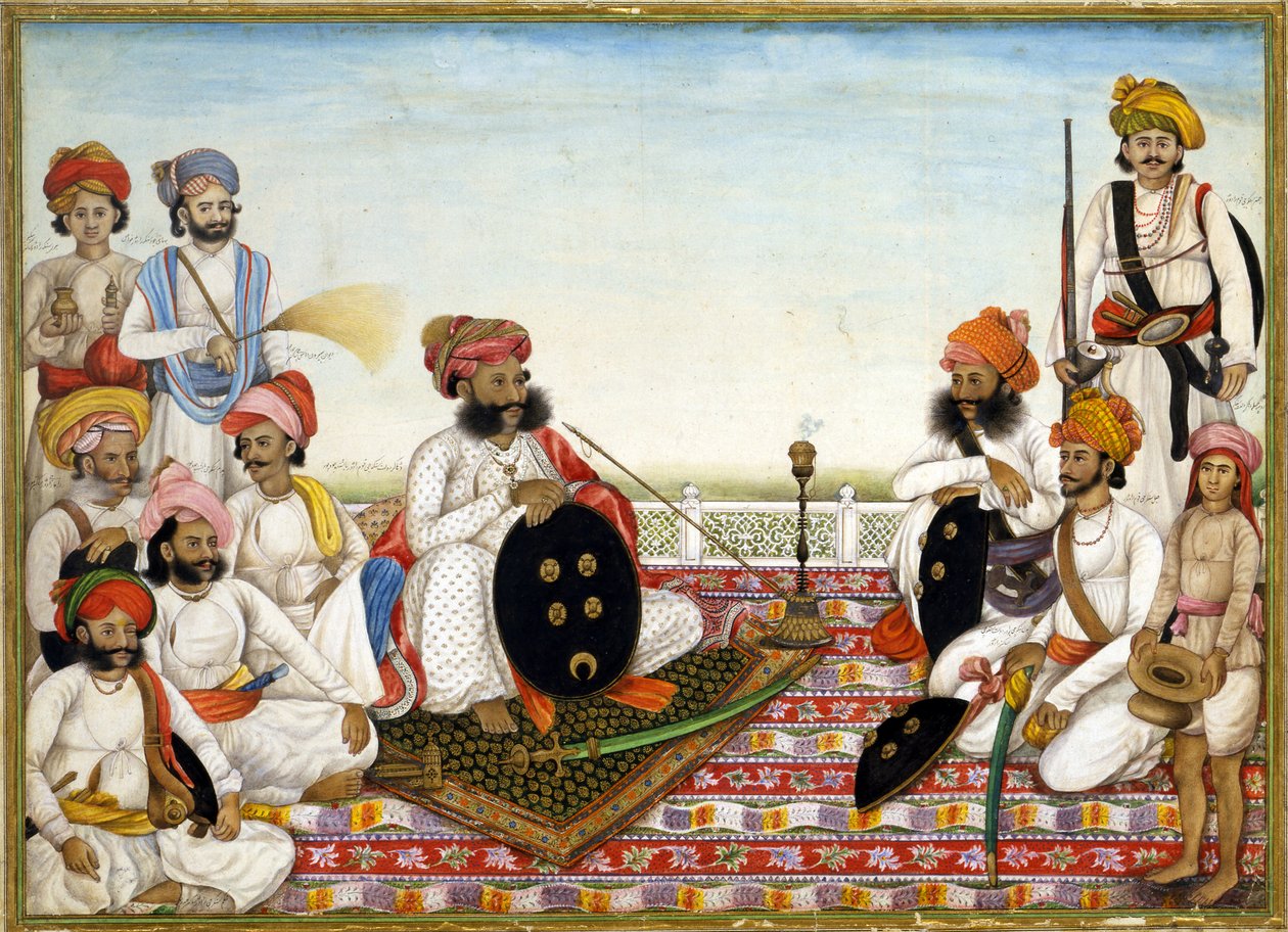 Thakur Dawlat Singh blandt hoffolk, ca 1825 af Ghulam Ali Khan