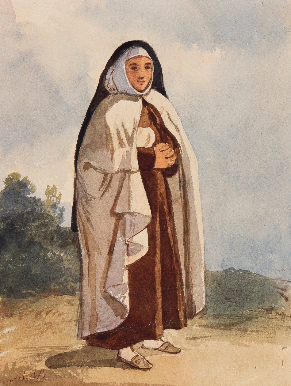 En nonne, med tilføjelser af prinsesse Maria Annunziata di Borbone (1843-1871) (blyant og wc på papir) af Giacinto Gigante
