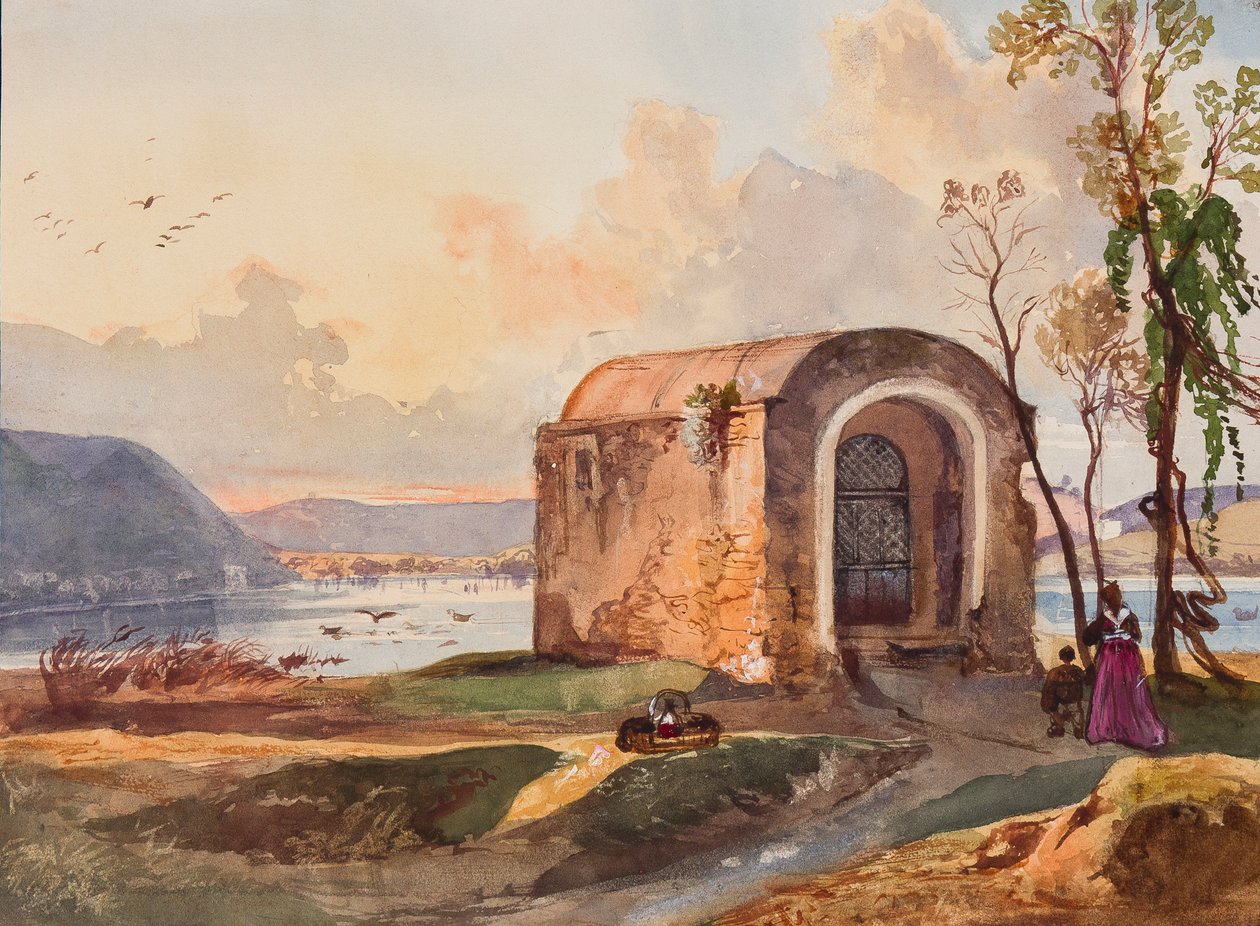 Kapel ved Lucrino-søen, med tilføjelser af en Borbone-elev, muligvis prinsesse Maria Annunziata di Borbone (1843-1871) (blyant, wc og gouache på papir) af Giacinto Gigante