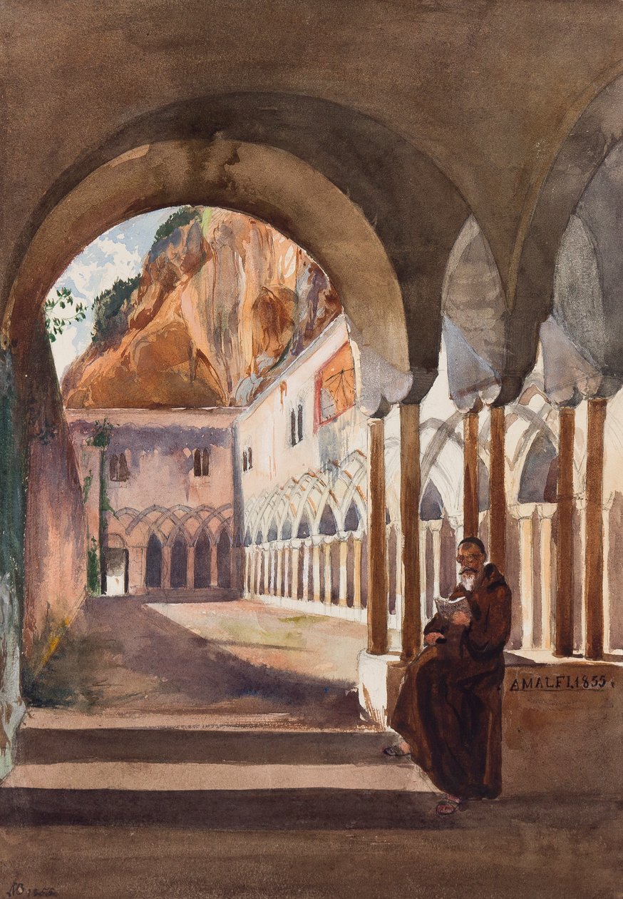 Kloster ved Amalfi, med tilføjelser af prins Luigi Maria di Borbone (1838-1886), 1855 (blyant og wc på papir) af Giacinto Gigante