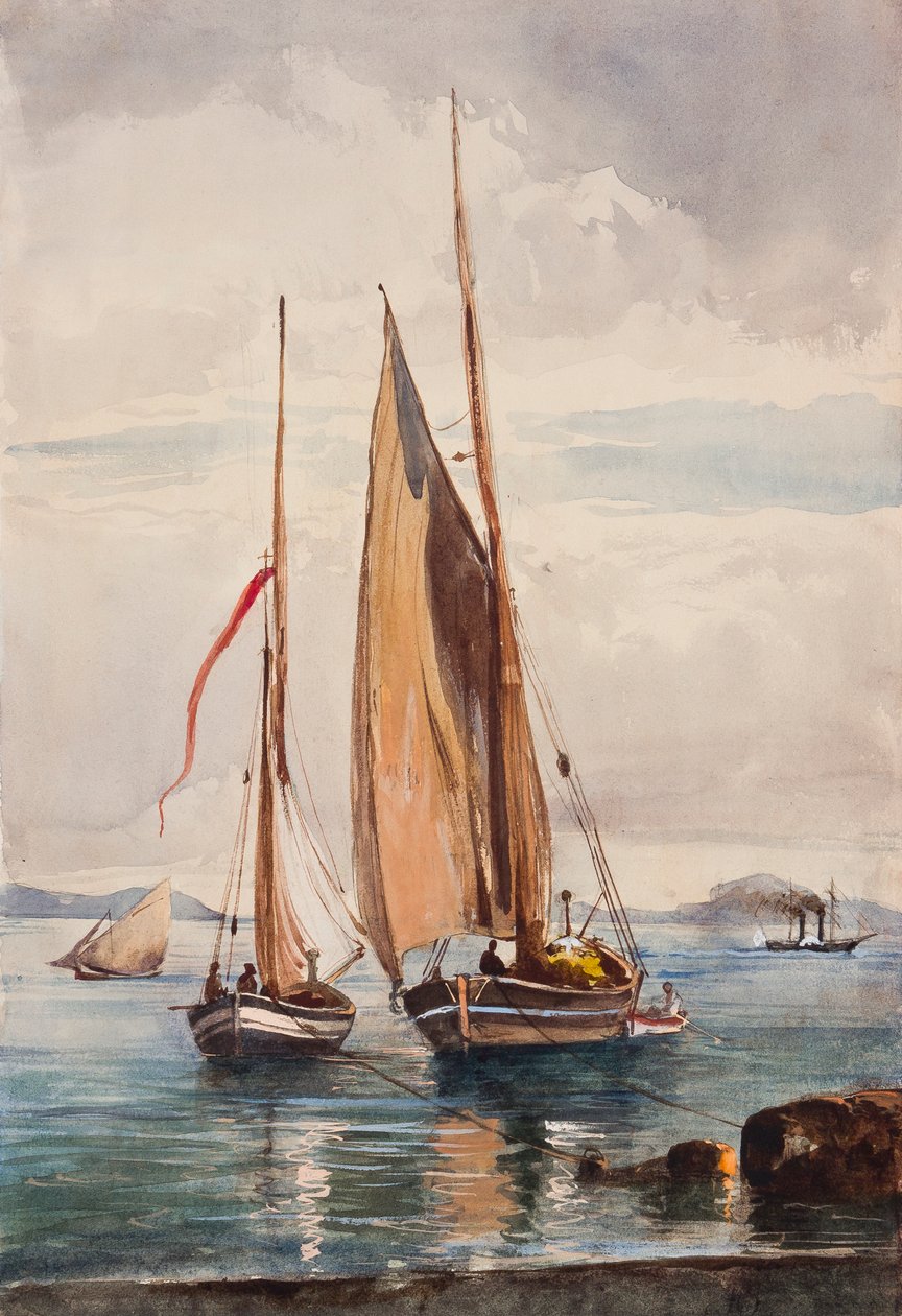 Fiskerbåde og dampskib, med tilføjelser af prins Alfonso Maria di Borbone (1841-1934) (blyant, wc og gouache på papir) af Giacinto Gigante