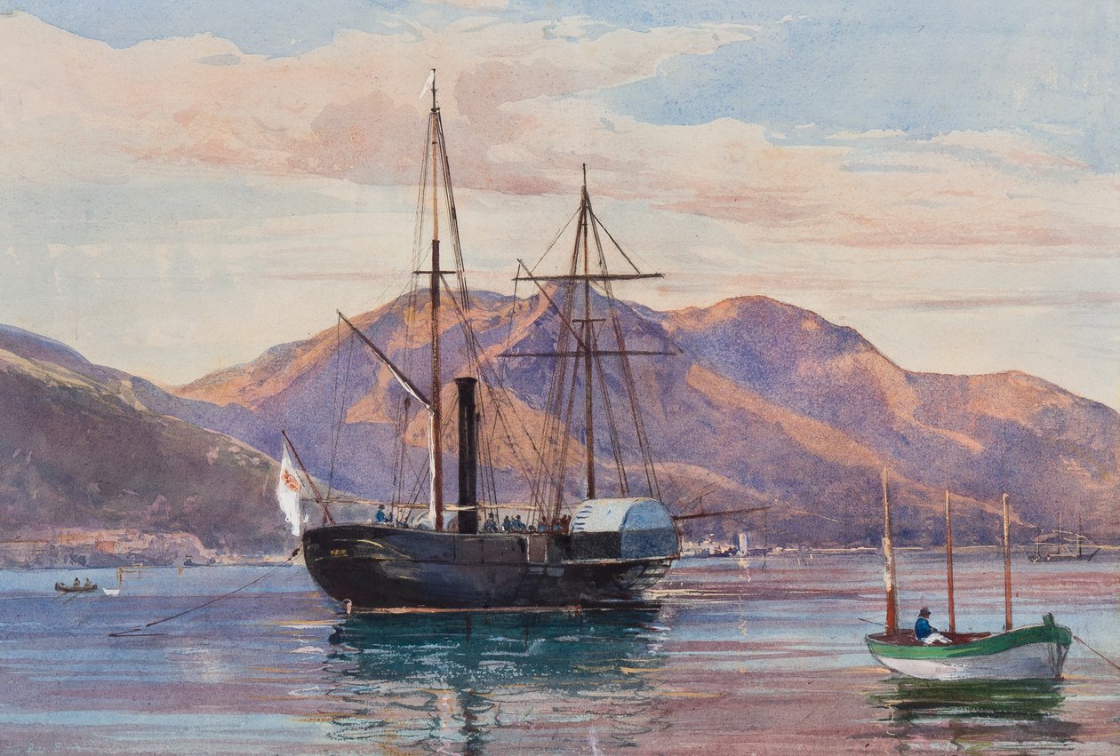 Gaeta: en dampfregat, muligvis det kongelige dampskib Delfino eller Archimede, der fører Borbone-flaget, med tilføjelser af en Borbone-elev, muligvis prinsesse Maria Annunziata di Borbone (1843-1871) (penc af Giacinto Gigante