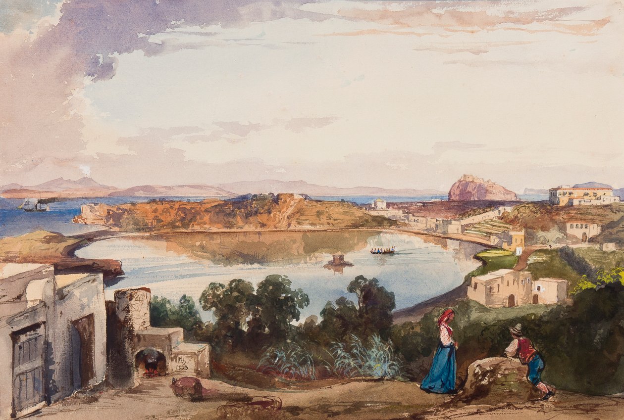 Ischia, calderaen lige før indgangen til havet blev afskåret, kongepaladset til højre, med tilføjelser af prins Alfonso Maria di Borbone (1841-1934), 1853 (blyant, wc og gouache på papir) af Giacinto Gigante