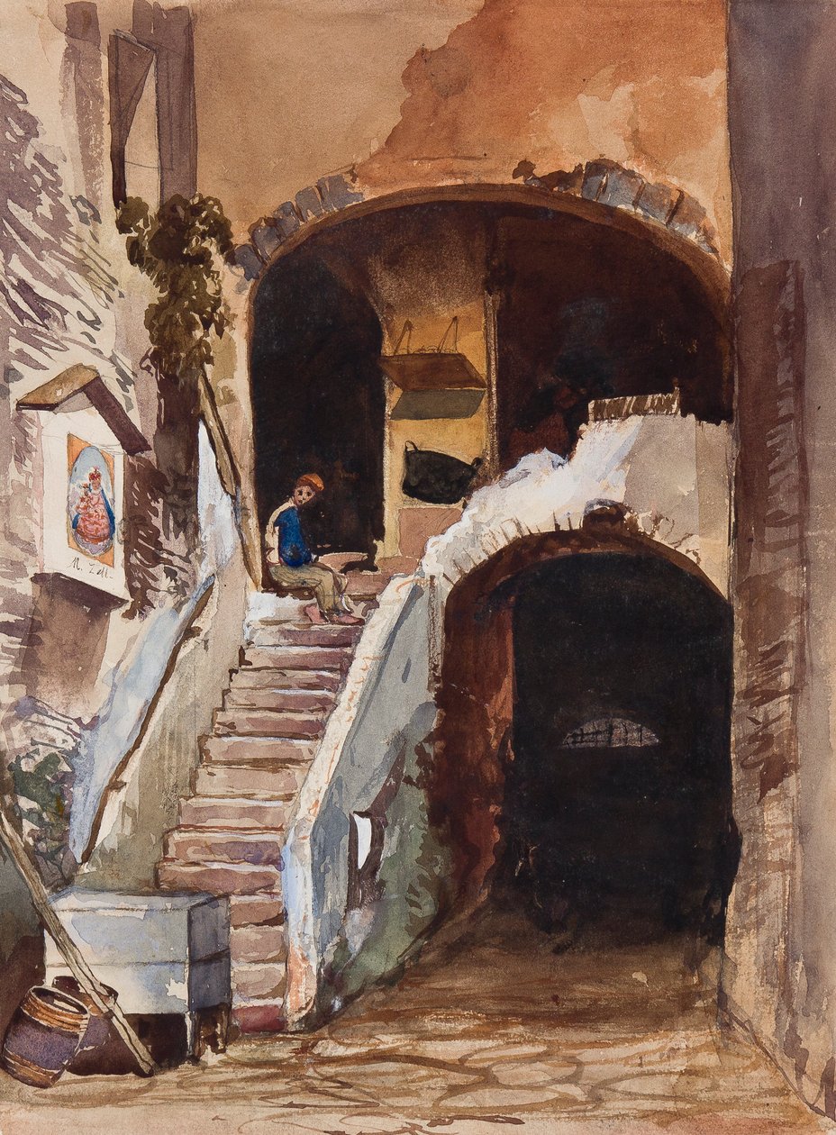 Napolitansk hus, med tilføjelser af en Borbone-elev (blyant, wc og gouache på papir) af Giacinto Gigante