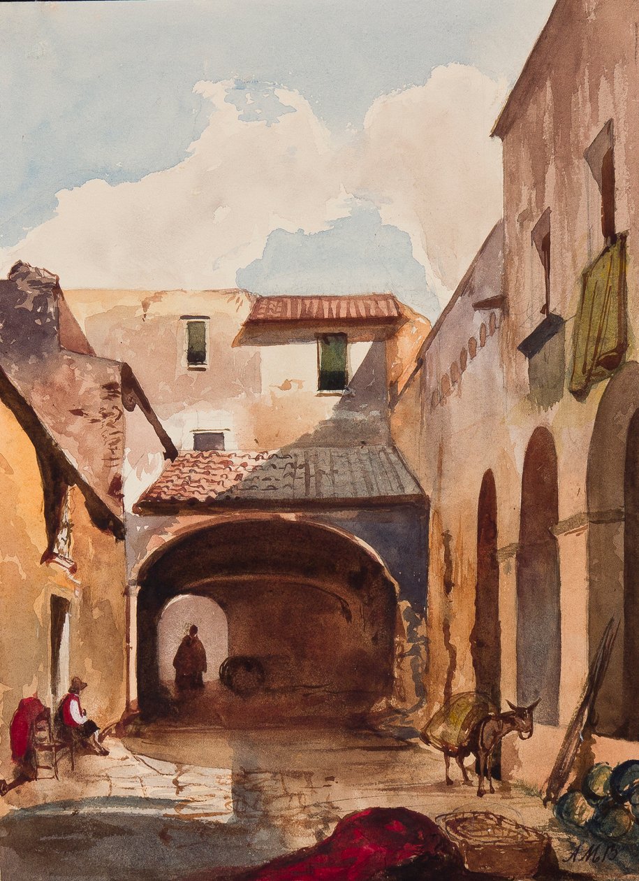 Gang og gade med figurer, med tilføjelser af prins Alfonso Maria di Borbone (1841-1934), 1853 (blyant, wc og gouache på papir) af Giacinto Gigante