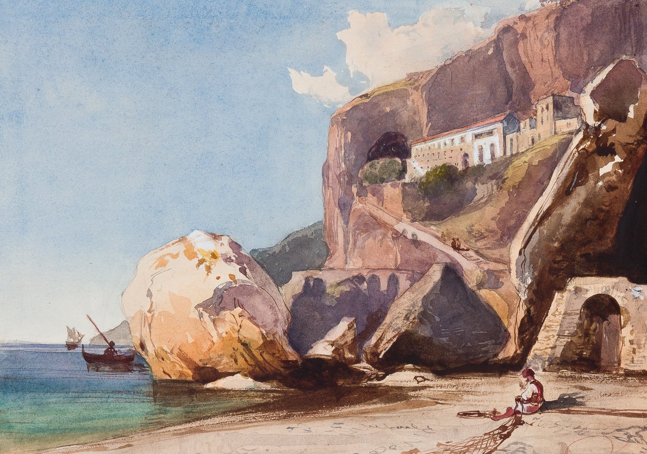 Kapucinerklosteret i Amalfi set fra stranden, med tilføjelser af prins Alfonso Maria di Borbone (1841-1934) (blyant, wc og gouache på papir) af Giacinto Gigante