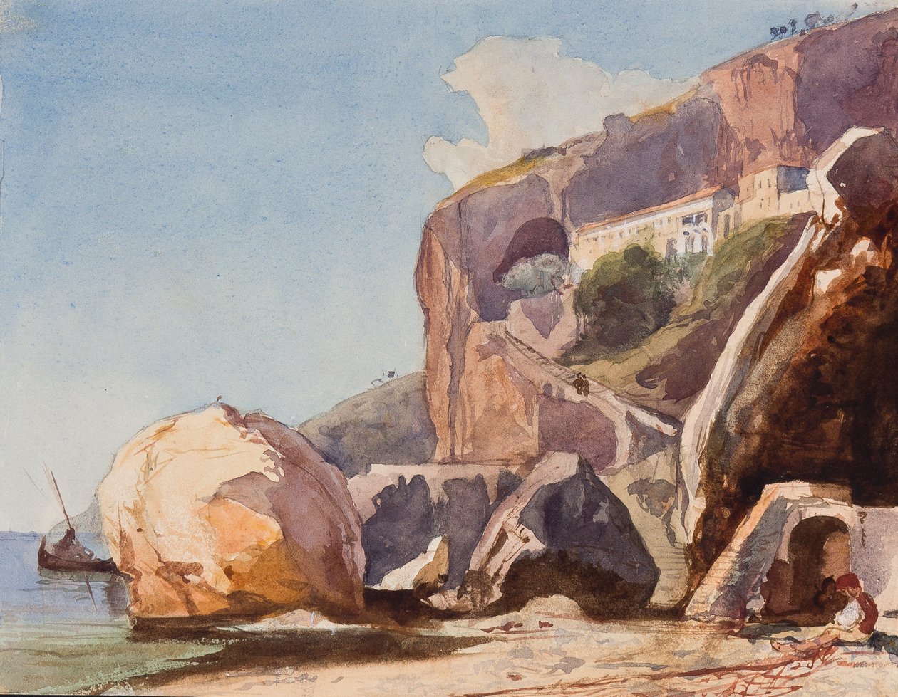 Kapucinerklosteret i Amalfi fra stranden, med tilføjelser af en Borbone-elev (blyant, wc og gouache på papir) af Giacinto Gigante