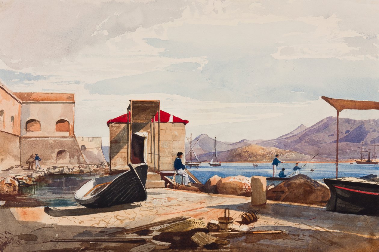Havnen i Gaeta, med tilføjelser af prinsesse Maria Annunziata di Borbone (1843-1871) (blyant, wc og gouache på papir) af Giacinto Gigante