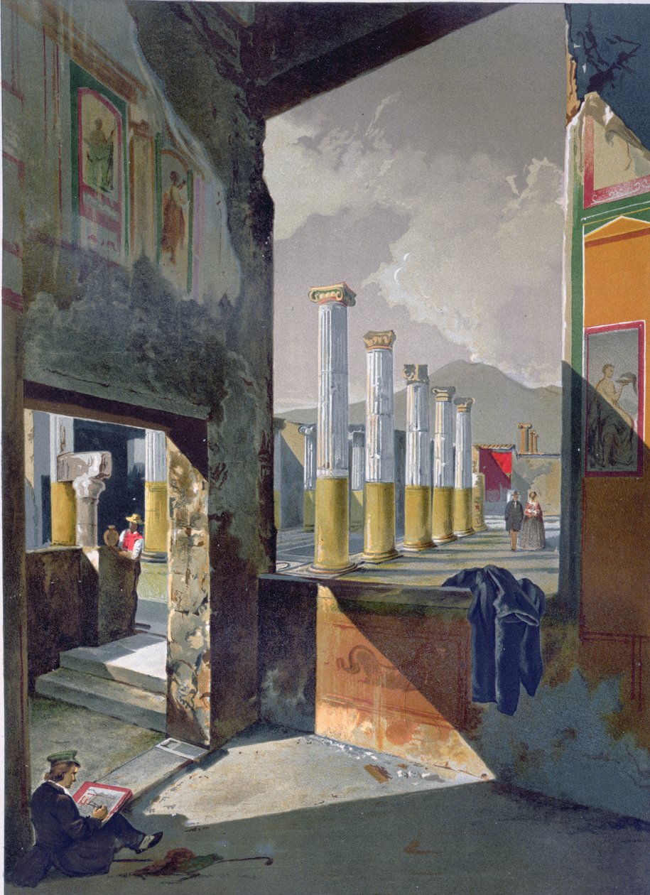 Turister på besøg og skitsering i Pompeji, ca. 1860 af Giacinto Gigante