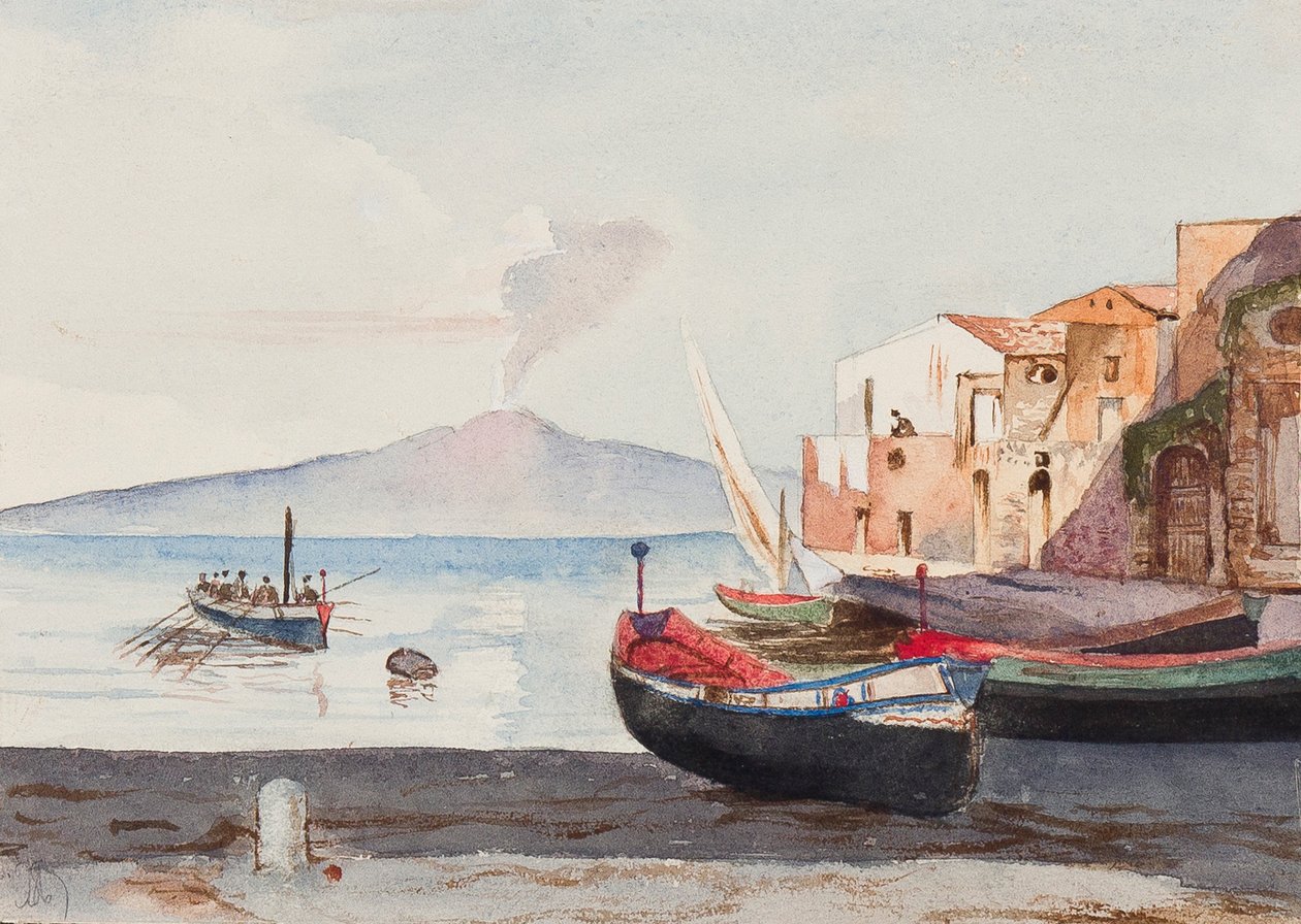 Vesuv fra Sorrento, med tilføjelser muligvis af prinsesse Maria Annunziata di Borbone (1843-1871) (blyant og wc på papir) af Giacinto Gigante