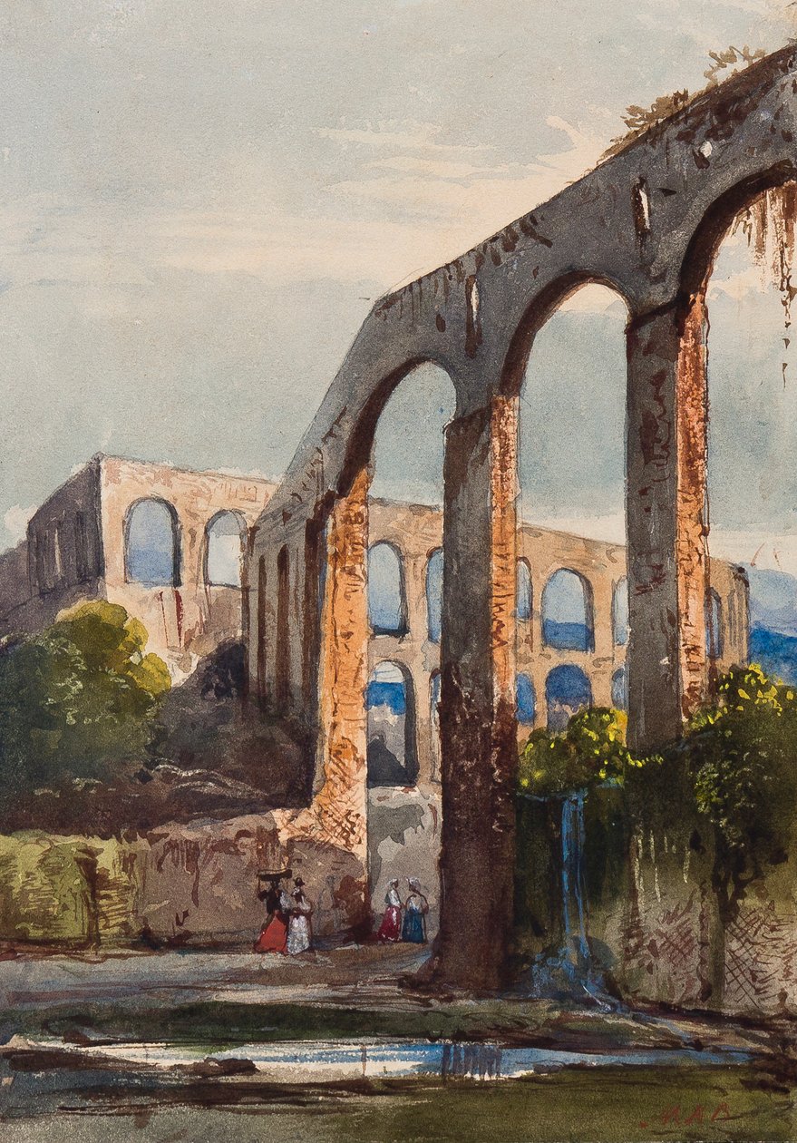 Kvinder under den romerske akvædukt ved Maddaloni, med tilføjelser af prinsesse Maria Annunziata di Borbone (1843-1871) (blyant, wc og gouache på papir) af Giacinto Gigante