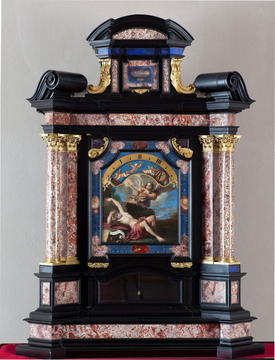 Ur med repræsentation af den hellige Hieronymus, der hører ved den sidste doms trompet Maleri af Giacinto Brandi (1621-1691) Struktur og mekanisme realiseret af Giuseppe Campani - 1600-tallet Dim 128x100x44 cm Genes musei di strada nuova af Giacinto Brandi