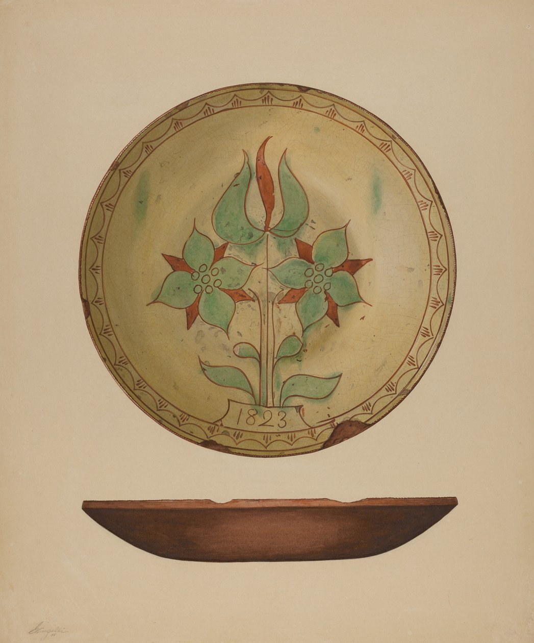 Tallerken med tulipan og to blomster, 1938. af Giacinto Capelli