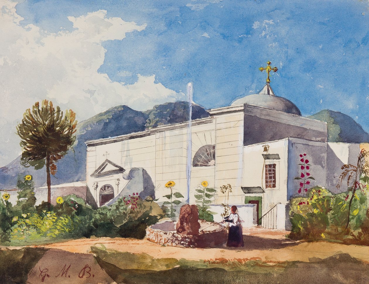 Kirke og springvand, muligvis haven til en kongelig residens, med tilføjelser af prins Gaetano Maria Federico di Borbone (1846-1871) (blyant, wc og gouache på papir) af Giacinto Gigante