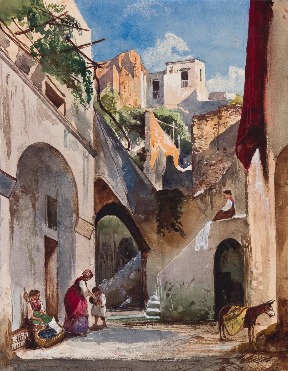 Huse på Costiera på den sorrentinske halvø, med tilføjelser af prinsesse Maria Annunziata di Borbone (1843-1871), 1853 (blyant, wc og gouache på papir) af Giacinto Gigante
