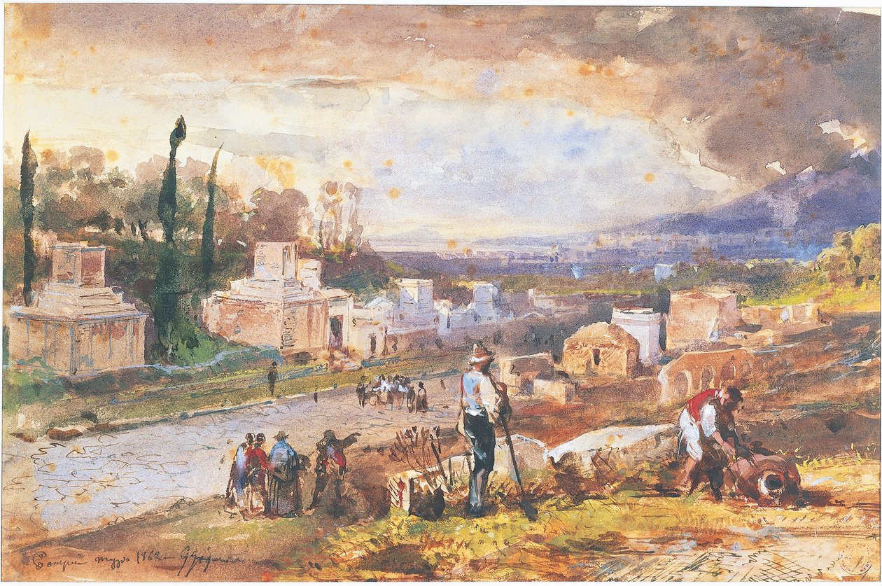 Italien, Pompeji, The Street of Tombs 1862 (akvarel) af Giacinto Gigante