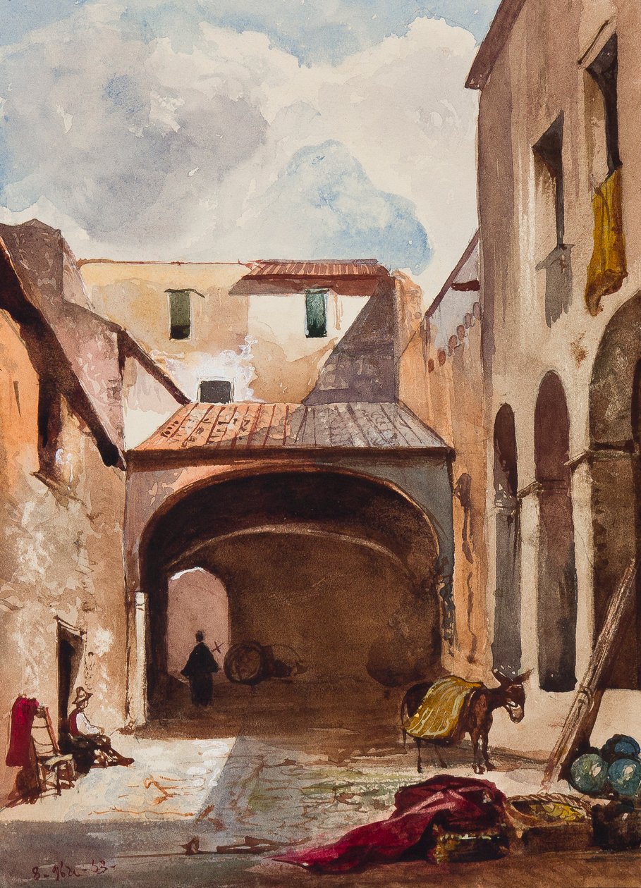 Passage og gade med figurer, med tilføjelser af en Borbone-elev, muligvis prins Alfonso Maria di Borbone (1841-1934), 1853 (blyant, wc og gouache på papir) af Giacinto Gigante