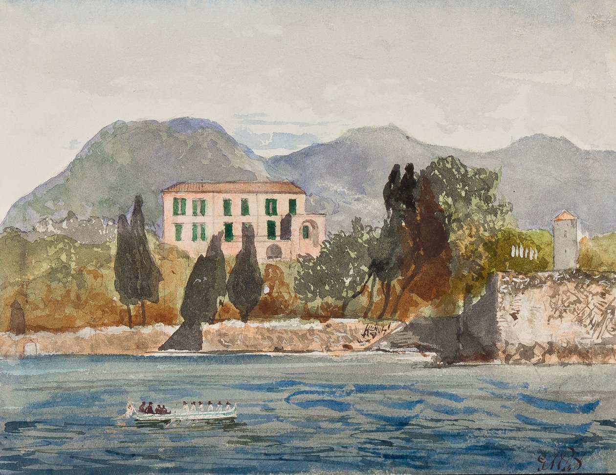 Ropram med Borbone-flaget nærmer sig et stort hus på den napolitanske kyst, med tilføjelser af prins Gaetano Maria Federico di Borbone (1846-1871) (blyant, wc og gouache) af Giacinto Gigante